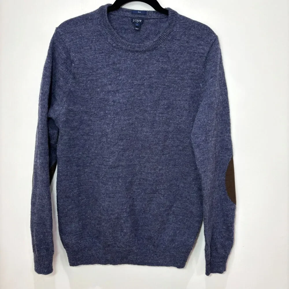 J Crew Sweater Men M Navy Blue 100% Wool Knit Pullover Elbow Patch Cabincore
